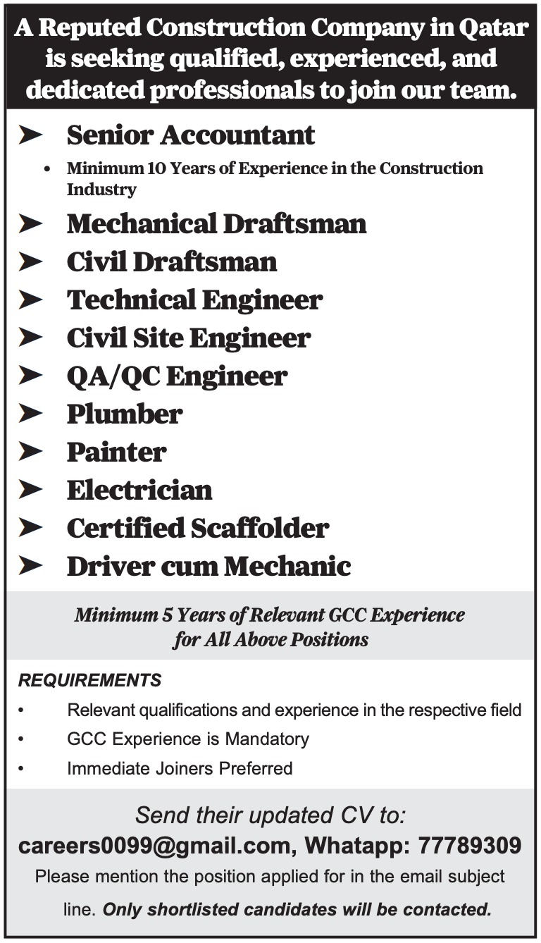 Plumber, Painter, Electrician & More Position Available in Qatar